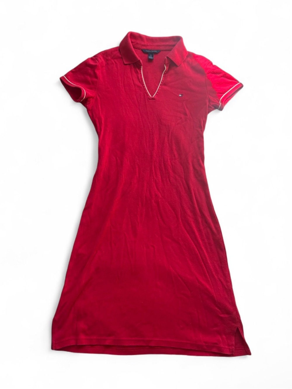 Vintage Tommy Hilfiger Red Open V-Neck Polo Top with White Piping Accent